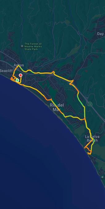 13 mile bike route from Seacliff to Manresa and back this morning.