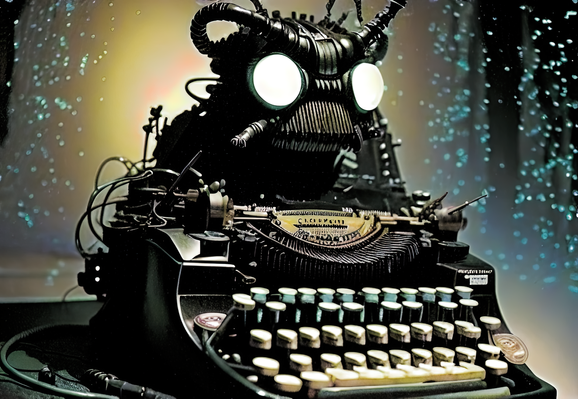 an illustration of a manual typewriter fused with some sort of staring monkey-robot-demon thing with headlamp eyes