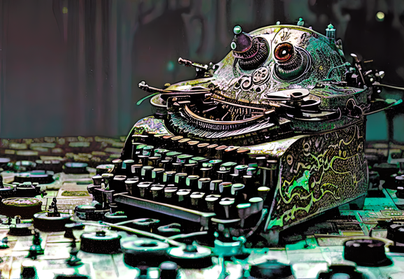 an illustration of a manual typewriter fused with some kind of non-humanoid robot sitting on a table filled with little gears and wheels, implying that is is under construction or repair