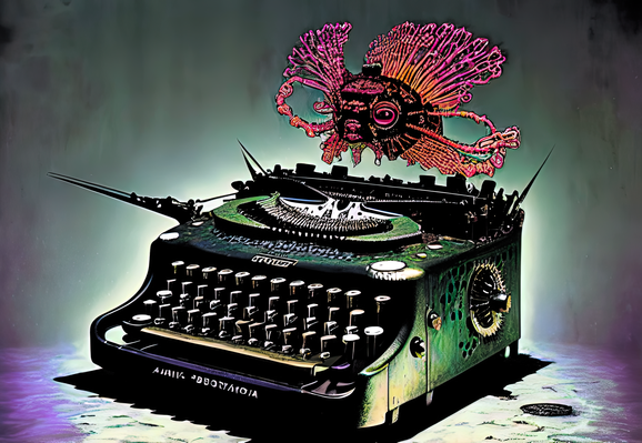 an illustration of a manual typewriter accompanied by some sort of floating fish hovering over it