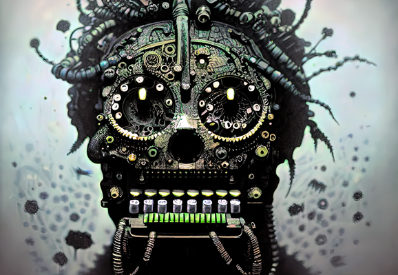 an illustration of a messy-looking humanoid robotic head with keys resembling those of a manual typewriter in its mouth