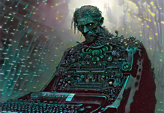 an illustration of a large machine with a humanoid head and technological torso with a large array of rows of typewriter keys at the very front