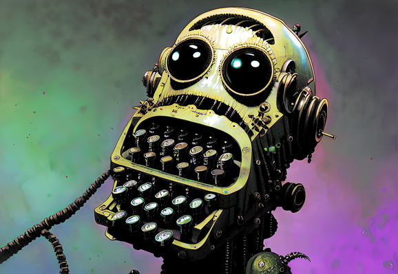 an illustration of a fusion of a vaguely humanoid robotic head and a minimal manual typewriter on a post with a couple of cables in an antique style