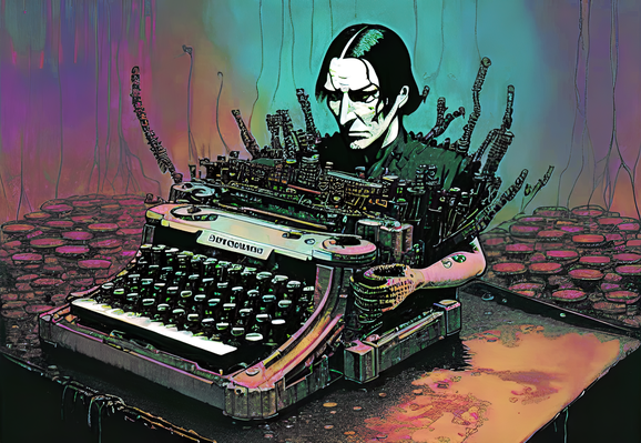 an illustration of a mechanical typewriter medically or mechanically fused to a humanoid torso with the head facing the keys