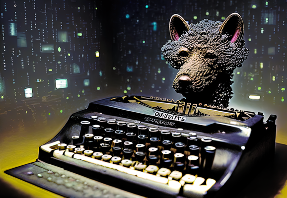 an illustration of a mechanical typewriter accompanied by the head of an attentive dog