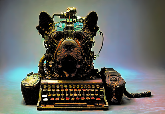 an illustration of a mechanical typewriter fused with the head of a mechanical terrier, possibly a schnauzer
