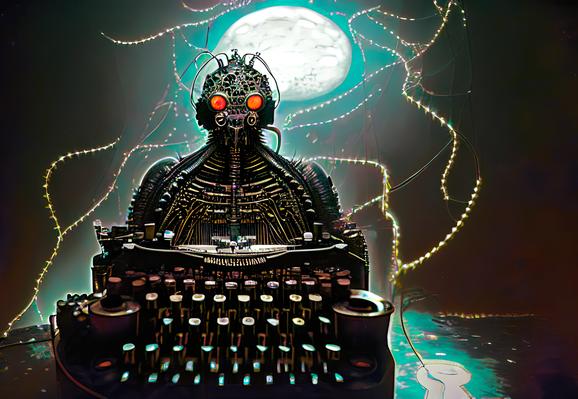 an illustration of a mechanical typewriter fused with a possibly insectoid humanoid with staring, illuminated red eyes, all somewhat sinister
