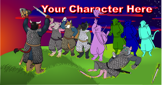 The sun sets behind a red anthropomorphic bull in scale-mail armor over a blue gambeson holding up his helmet and his sword, gleaming in the setting sun, in celebration, on a grassy hill. as the hills roll into the horizon, and underlit clouds further away, we see small crowd cheering him on: A gray rat in pink armor, a dull red fox in blue armor, a howling terrier in green armor, and an uncolored cay archer tossing his hat (slot E). Your Character here. Floored in the grass is a gray rat in gray armor, disarmed, holding up a white hand defensively. Three uncolored rats (Slots 2, 3 and 4) look at their defeated champion in dismay