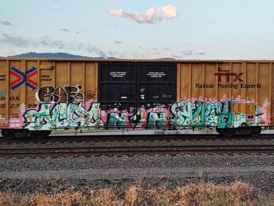 Train car with graffiti rolling through Kamloops BC Canada