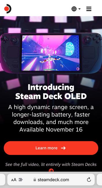 A screenshot of the steamdeck.com site, showing the pink neon of one of the Whisker Squadron: Survivor levels running on the console, and reflected on a bunch of screens surrounding it
