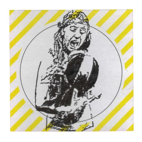 Pen drawing of a scared woman holding the disembodied head of a scuba diver drawn on a yellow-striped Post-It Note.