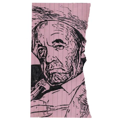 Pen drawing of an older man wearing a cowboy hat drawn on a pink torn notebook page.