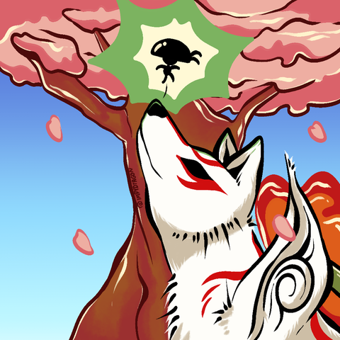 Okami amaterasu and issun fanart. on the background there's a blooming cherryblossom tree.