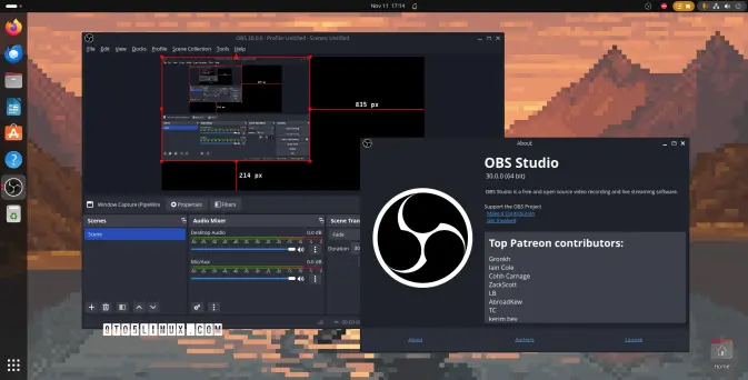 Screenshot of OBS Studio 30 on Ubuntu 23.10 showing the main window and the About dialog.