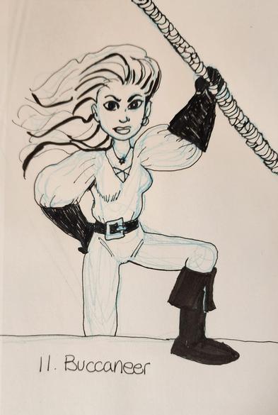 Ink drawing of Marvel character Kate Pryde holding onto a rope with one foot above the deck.