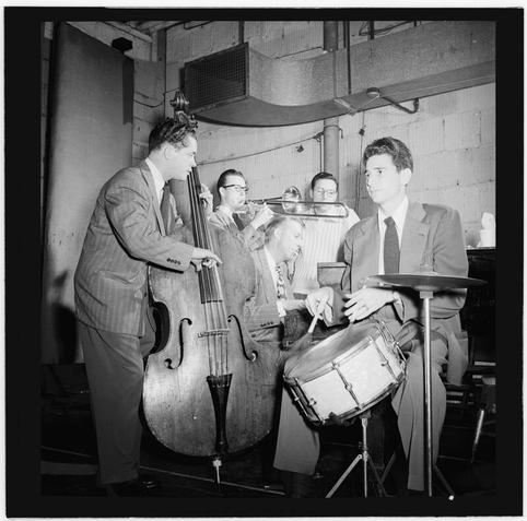 Portrait of Stan Kenton, Kai Winding, Eddie Safranski, Pete Rugolo, and Shelly Manne, New York, N.Y.(?), ca. Jan. 1947