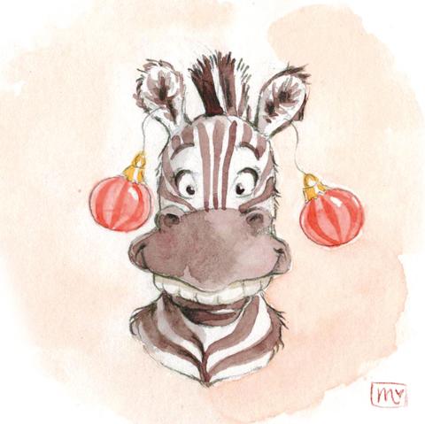Aquarellbild. Ein Portrait eines Zebras. Es grinst breit und an seinen Ohren baumeln große, rot gestreifte Christbaumkugeln.