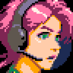 Headshot of female character with pink hair and green eyes, side view. She is wearing a headset with a microphone boom.