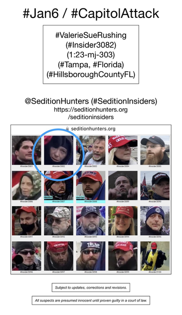Photos of January 6th riot suspects who were observed inside the US Capitol Building, including Valerie Sue Rushing (Tampa, Florida).