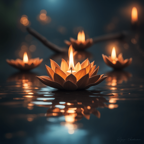 Eine Diwali Öllampe schwimmt auf einem See bei Dunkelheit. Im Hintergrund schwimmen unscharf auf dem Wasser viele weitere Lichter.