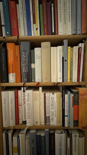 Regal mit BĂĽchern, die Gedichte enthalten. Ein paar wenige theoretische BĂĽcher ĂĽber Lyrik sind auch dabei. BĂĽcher stehen in zwei Reihen.