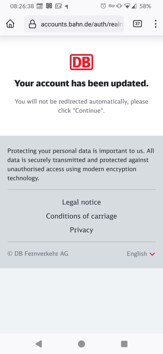Screenshot of a mobile browser showing bahn.de after an account reset. It tells me that I won't be redirected automatically, but have to click "Continue". There is no "Continue" button or link.