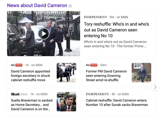 A screenshot of a news section showing lots of headlines reading that David Cameron is coming back into the UK government cabinet.