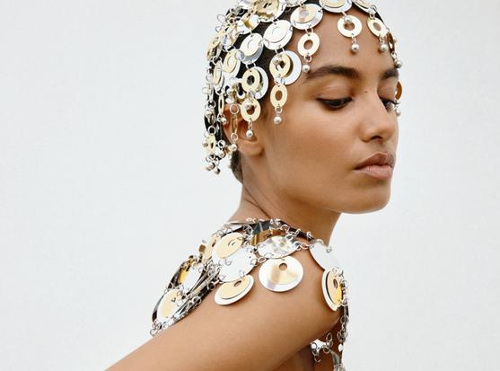 Paillette dress and headdress from the Rabanne H&M collection.