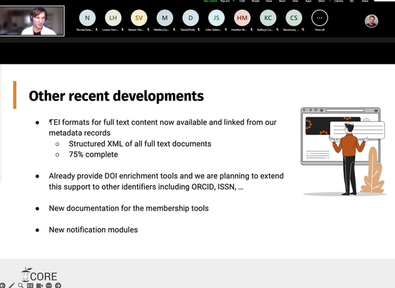 Slide from UKCORR CORE webinar. Petr Knoth reporting on recent CORE developments: TEI formats for full text content now available and linked from CORE metadata records. 75% complete.