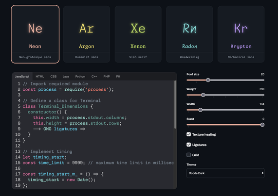 Screenshot of an example of the Neon variant (there is 4 other) with some code sample and different sliders to change size, weight, width, and slant of the font
