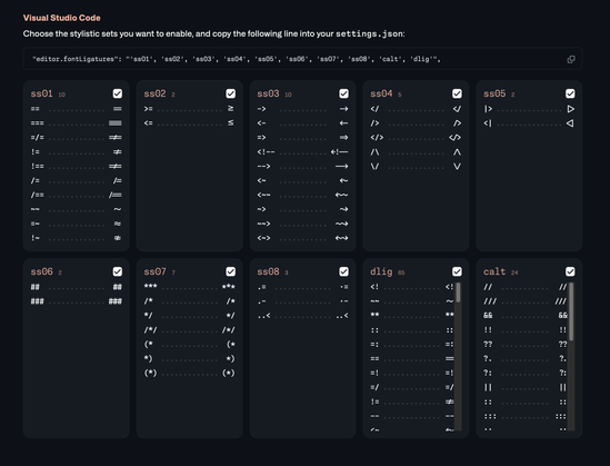 Table  and demos of the different ligatures that font offers for arrows, = sign and a lot of other characters used for coding
