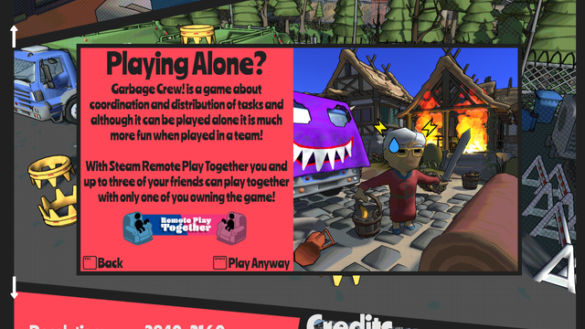 Screenshot of the main menu of Garbage Crew! showing a disclaimer that warns you that playing alone is relatively boring.