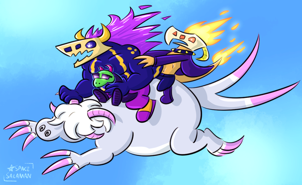 The 4 pesky demons are making an escape! 

Dralgon is flying through the sky, its face still obscured by its shaggy white hair.

Tiny Tios is being held closely by muscular Thonis on top, and Galmron struggles to hang onto Thonis's back, all soaring through the sky!
