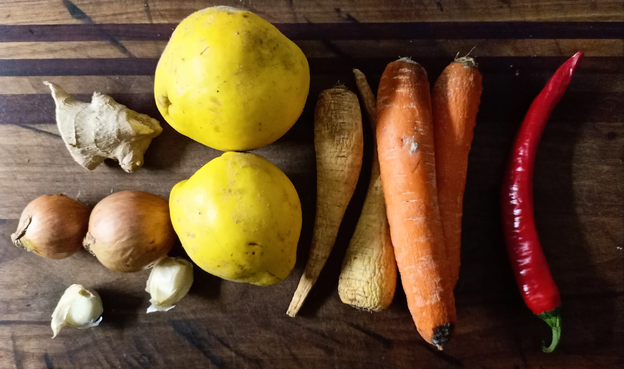 Auf einem Brett 2 Quitten, 2 Pastinaken, 2 Karotten, 2 Zwiebeln, 2 Knoblauchzehen, 1 rote Chili und ein gutes Stück Ingwer. Alles noch ungeschält und ungeschnitten.