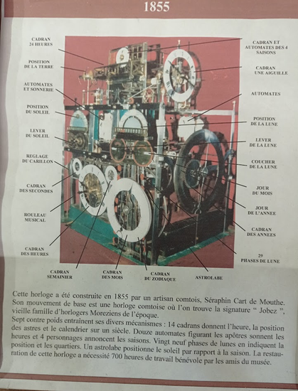 Horloge astronomique
1855

Cette horloge a été construite en 1855 par un artisan comtois, Séraphin Cart de Mouthe.
Son mouvement de base
est une horloge comtoise où l'on trouve la signature "Jobez" vieille famille d'horlogers Moréziens de l'époque.
7 contre-poids entraînent ses divers mécanismes, 14 cadrans donnent l'heure, la position des astres et le calendrier sur un siècle.
12 automates figurant les apôtres sonnent les heures et 4 personnages annoncent les saisons.
29 phases de lune en indiquent la position et les quartiers. Un astrolabe positionne le soleil par rapport à la saison.

Cette pièce unique aura nécessité 20 ans de recherches, de passion et de labeur.
La restauration de cette horloge a nécessite 700 h de travail bénévole par les amis du musée.