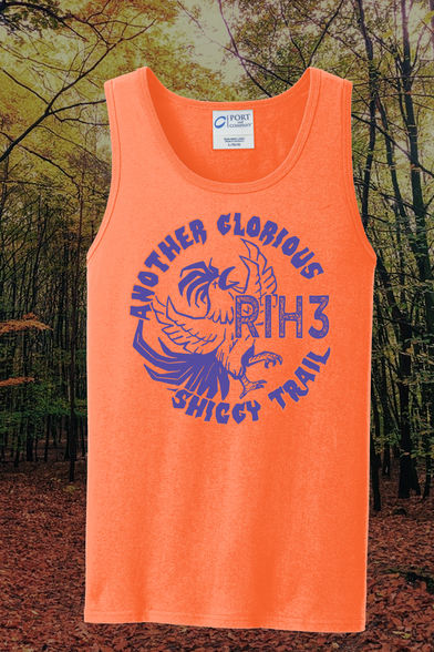 A neon orange tank top with purple print. The purple print is circular, with a text border around an angular rooster. Text reading 'Another Glorious Shiggy Trail' on the border in jagged lettering. Hash House designation RIH3  is center right inside the circle, interrupting the rooster's chest.