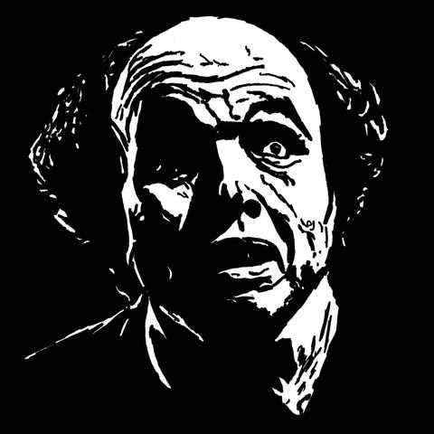 Pen drawing of a balding man in a collared suit looking nervous on a heavily shadowned background.