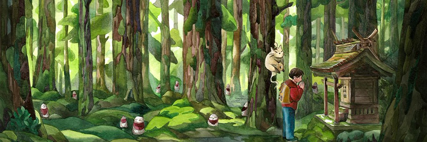 A boy praying in a temple with a cat flying by his side