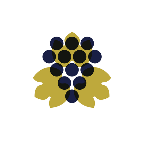A simplified illustration of purple grapes overprinted against three grape leaves