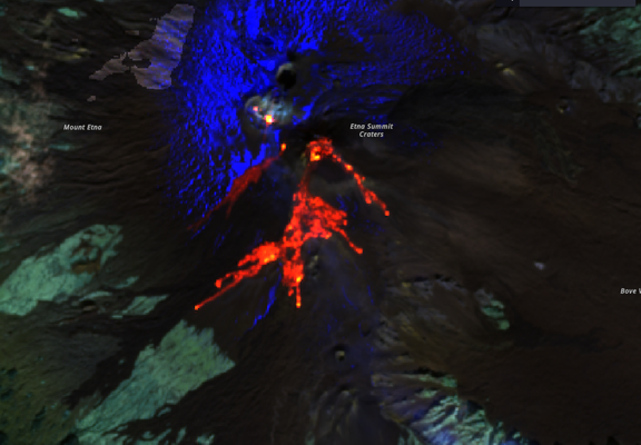 False-colors Sentinel-2 image of the lava overflow from the South-East crater during the lava fountain that started on the late evening of November 12. The blue area to North is snow.