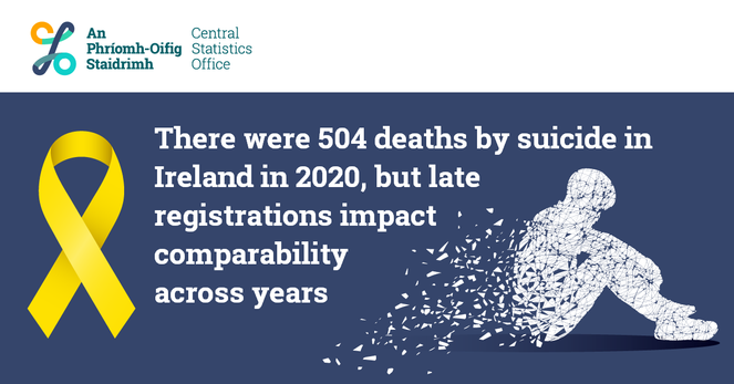 There were 504 deaths by suicide in Ireland in 2020, but late registrations impact comparability across years