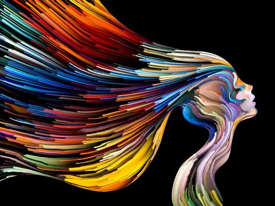 Artwork depicting bright paint trails from the back of the head like long hair sprayed out to represent the mental threads required to manage diabetes