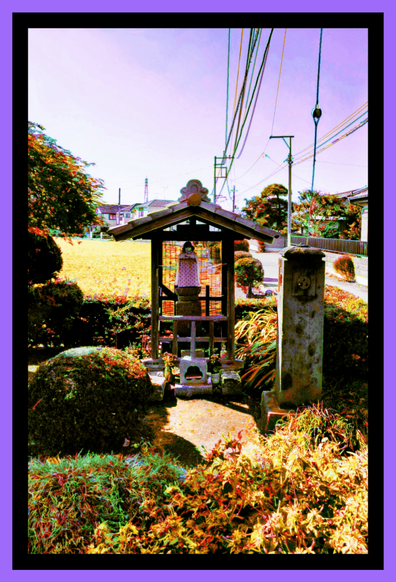 A small Buddhist (I think) shrine by the side of the road and in front of a field. I've messed with the colors and added a frame.