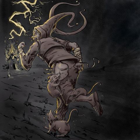 An illustration based on the tarot card of the fool. A peasant dressed in jester's clothes runs smiling to his burning house as rats bit his behind.