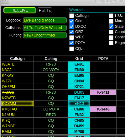 Screenshot from the Call Roster window of GridTracker.

Shows a POTA station AK6CS with their callsign in strike-thru because I've already worked them, and that QSO is confirmed.

BUT THAT WASN'T TODAY. It's not the same activation. So there is ZERO reason to pass them up. I should work them just as enthusiastically as if I've never seen that callsign before.