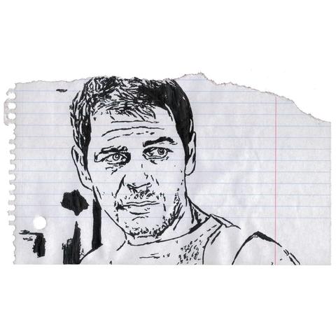 Pen drawing of a younger Robert Forster looking ambivalent drawn on a torn notebook sheet.
