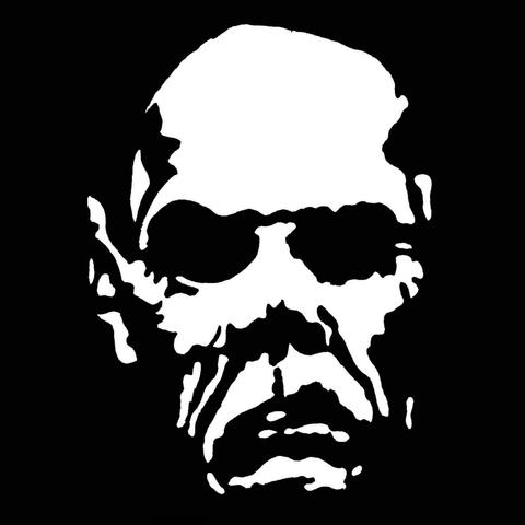Pen drawing of a monstrous stenciledhead drawn on a black background.