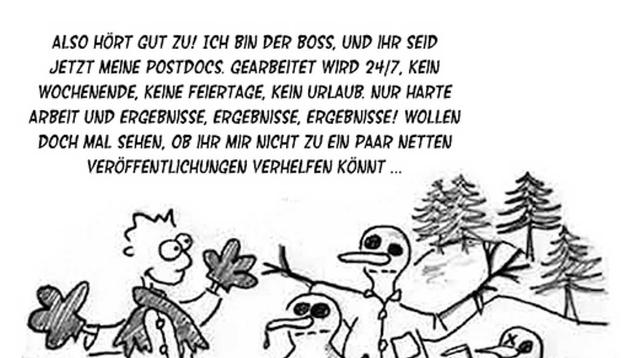 Screenshot vom ersten Bild des verlinkten "Forscher Ernst"-Comics. Forscher Ernst hält darin drei frisch errichteten Schneemännern, denen er mehrere Laborgegenstände hinzugefügt hat, einen Vortrag, dass er von ihnen als seine neuen Postdocs ab jetzt harte Arbeit und jede Menge Ergebnisse erwartet.