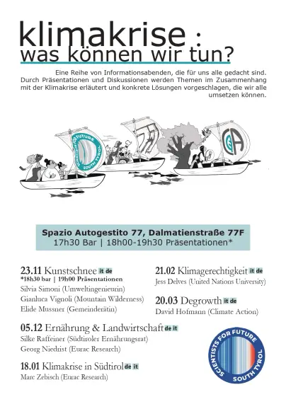 Plakat der Veranstaltung der Scientists4Future South Tyrol mit dem Namen "Klimakrise: was können wir tun?".