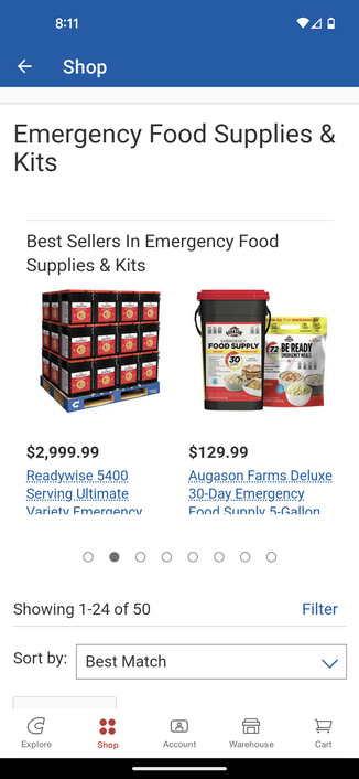 Screen capture from the Costco app showing "Emergency Food Supplies &Kits" for sale.